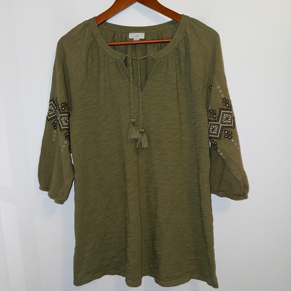 J.Jill Olive Green Embroidered Peasant Tunic Blouse Medium Tall 🌿 Boho Cotton - Picture 5 of 13